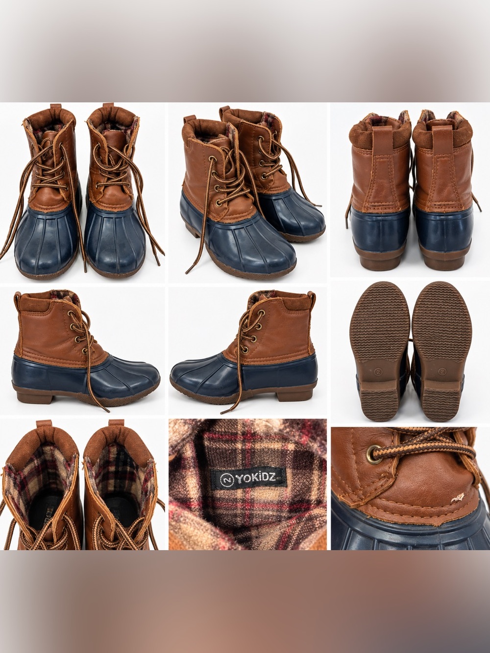 Brown & Navy Duck Boots Plaid Lined Lace-Up Size 2